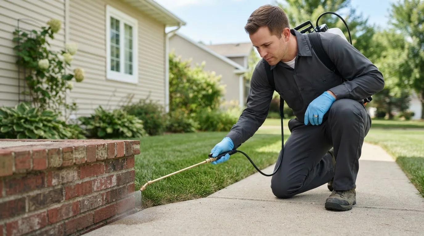 Pest control technician treating a home near Selden, NY