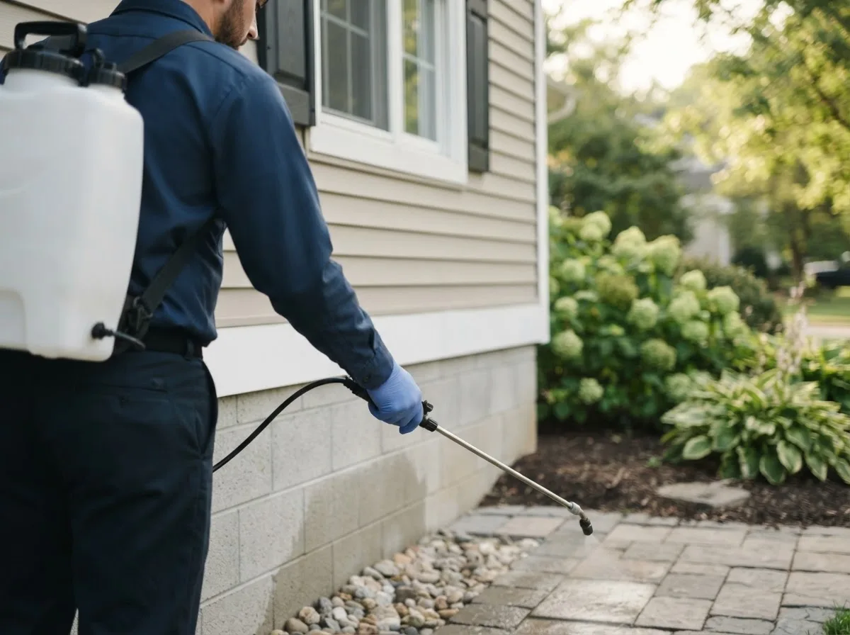 Pest control technician inspecting a home in Selden, NY